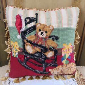 Finished Needlepoint Christmas pillow rocking chair teddy bear velvet back